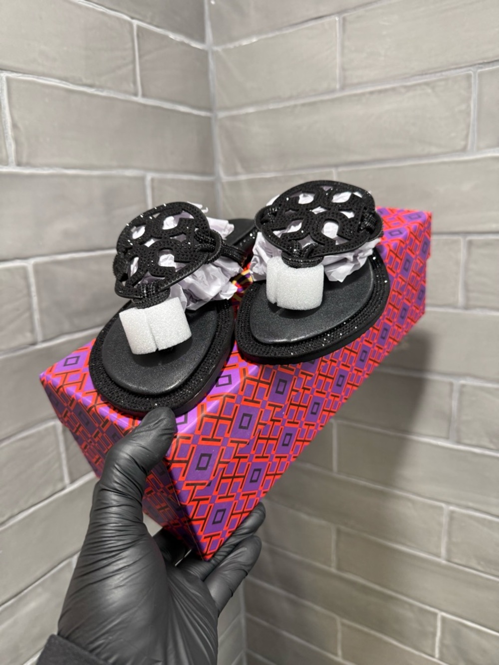 Tory Burch Black Glitter Sandals